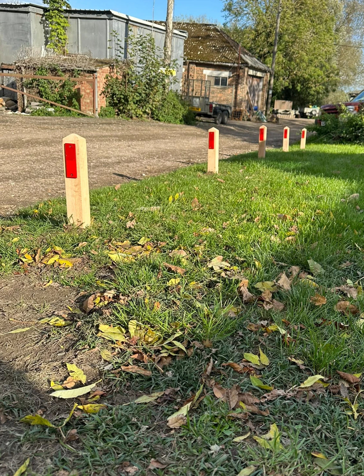 Outdoor grassy area with several short beige posts featuring reflective red vertical strips, with dirt ground, scattered leaves, and buildings in the background.